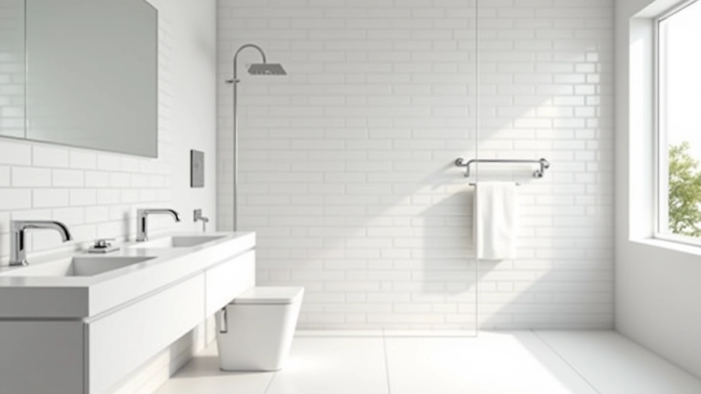 Modern banyo tasarımı, beyaz fayanslar, temiz minimalist iç dekorasyon, aydınlık ve geniş alan