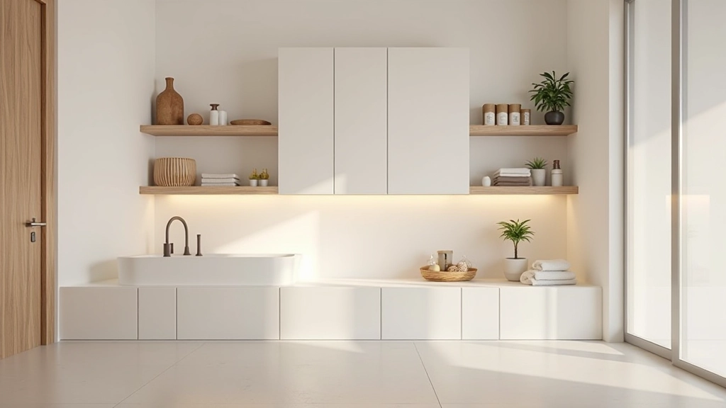 Banyo depolama çözümleri, tasarlanmış raflar, kapalı dolap, organize edilmiş banyo alanı, şık ve işlevsel